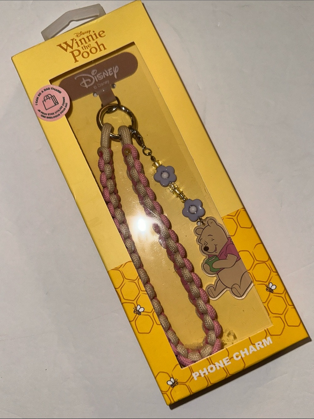 Disney Winnie the Pooh Braided Phone Charm in Pink and Tan with Flower Accents